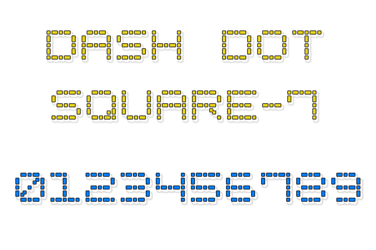 Square Dots font. Bitmap font PNG. 7 Pixel font. Шрифт тире.