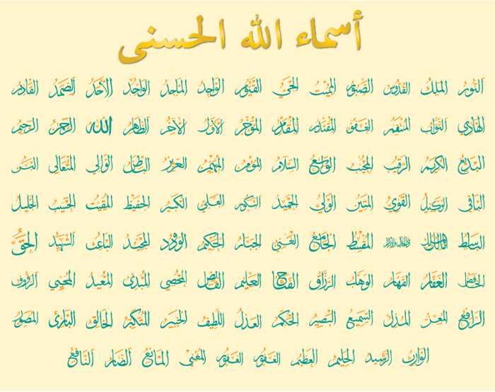 allah names 99 color Font poster